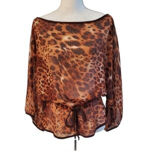 VINTAGE Luly K New York City Brown Blk Leopard 3/4 Batwing Sleeve Sheer Blouse